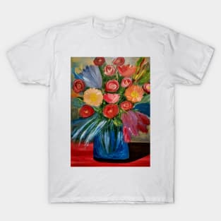 Some lovely abstract roses and mixed flowers. In a metallic glass T-Shirt